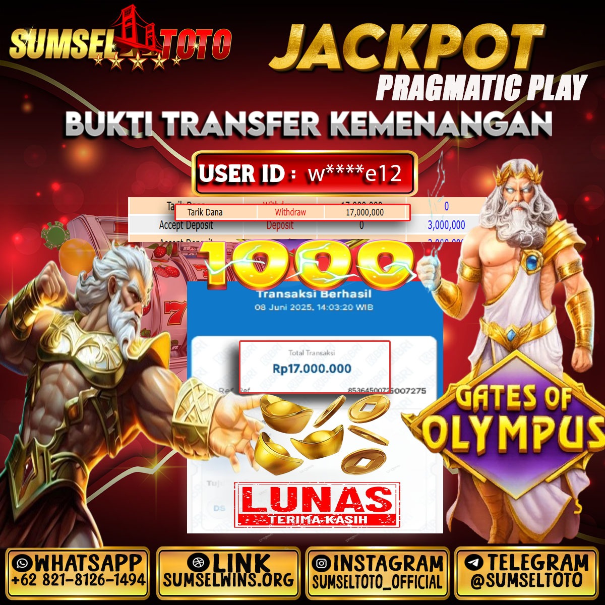 SUMSELTOTO JACKPOT GATES OF OLYMPUS 1000 Rp.17,000,000.,- LUNAS